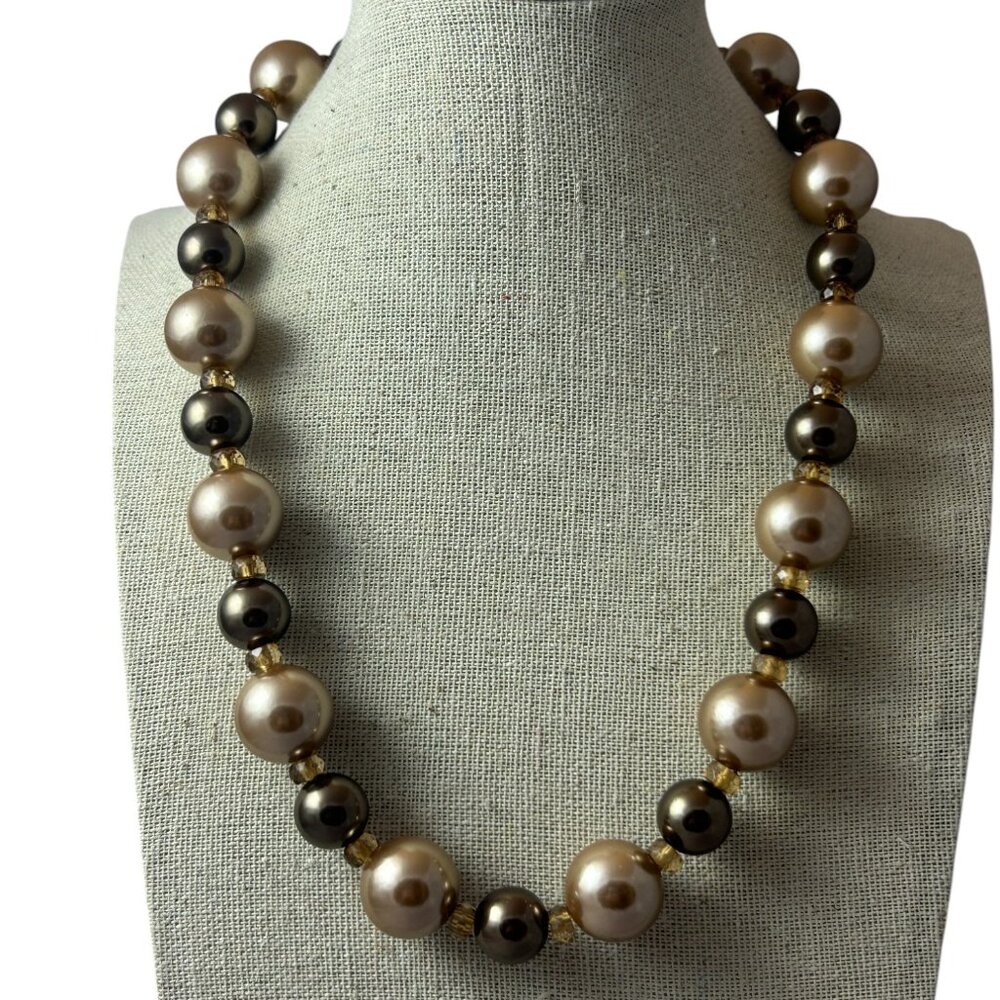 Chunky Faux Pearl Beaded Necklace Gold Tone Spacer Statement Costume Jewelry